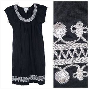 Ann Taylor LOFT Petites XSP Black Embroidered Jersey Knit Casual Dress Shift